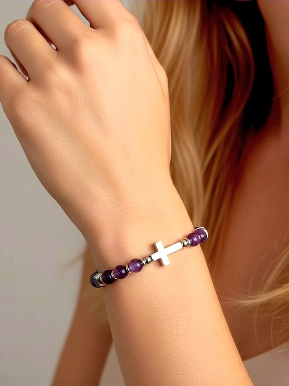 Amethyst Bead‎ Bracelet W/ Cross Charm Accent - Women Jewelry